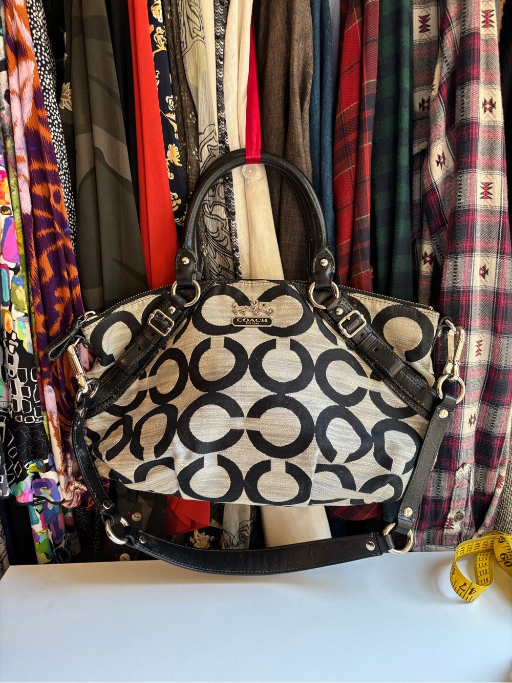 Coach Black and Cream Signature Canvas Satchel with Leather Trim